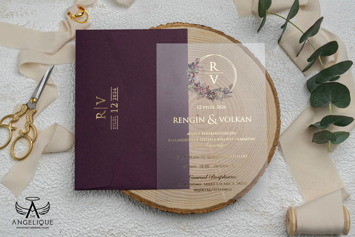 Burgundy Wedding Invitation, Personalized Wedding Invitation, Acrylic Wedding Invitation, Real Foil Invitation, Gold Wedding Invitation