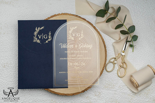 Customized Wedding Invitation, Navy Blue Wedding Invitation, Gold Foil Wedding Invitation, Acrylic Wedding Invitation, Elegant Invitation