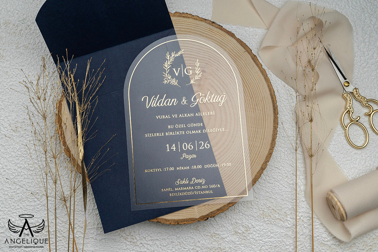 Customized Wedding Invitation, Navy Blue Wedding Invitation, Gold Foil Wedding Invitation, Acrylic Wedding Invitation, Elegant Invitation