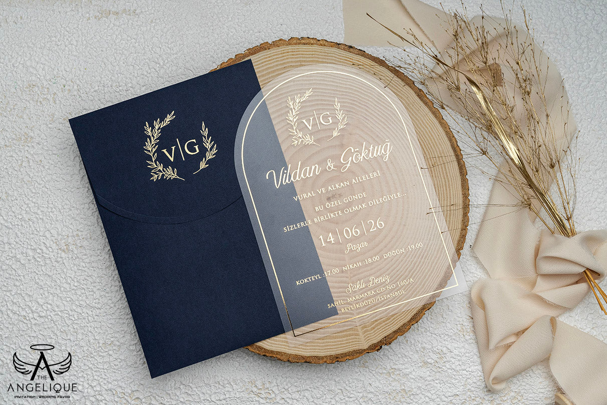 Customized Wedding Invitation, Navy Blue Wedding Invitation, Gold Foil Wedding Invitation, Acrylic Wedding Invitation, Elegant Invitation